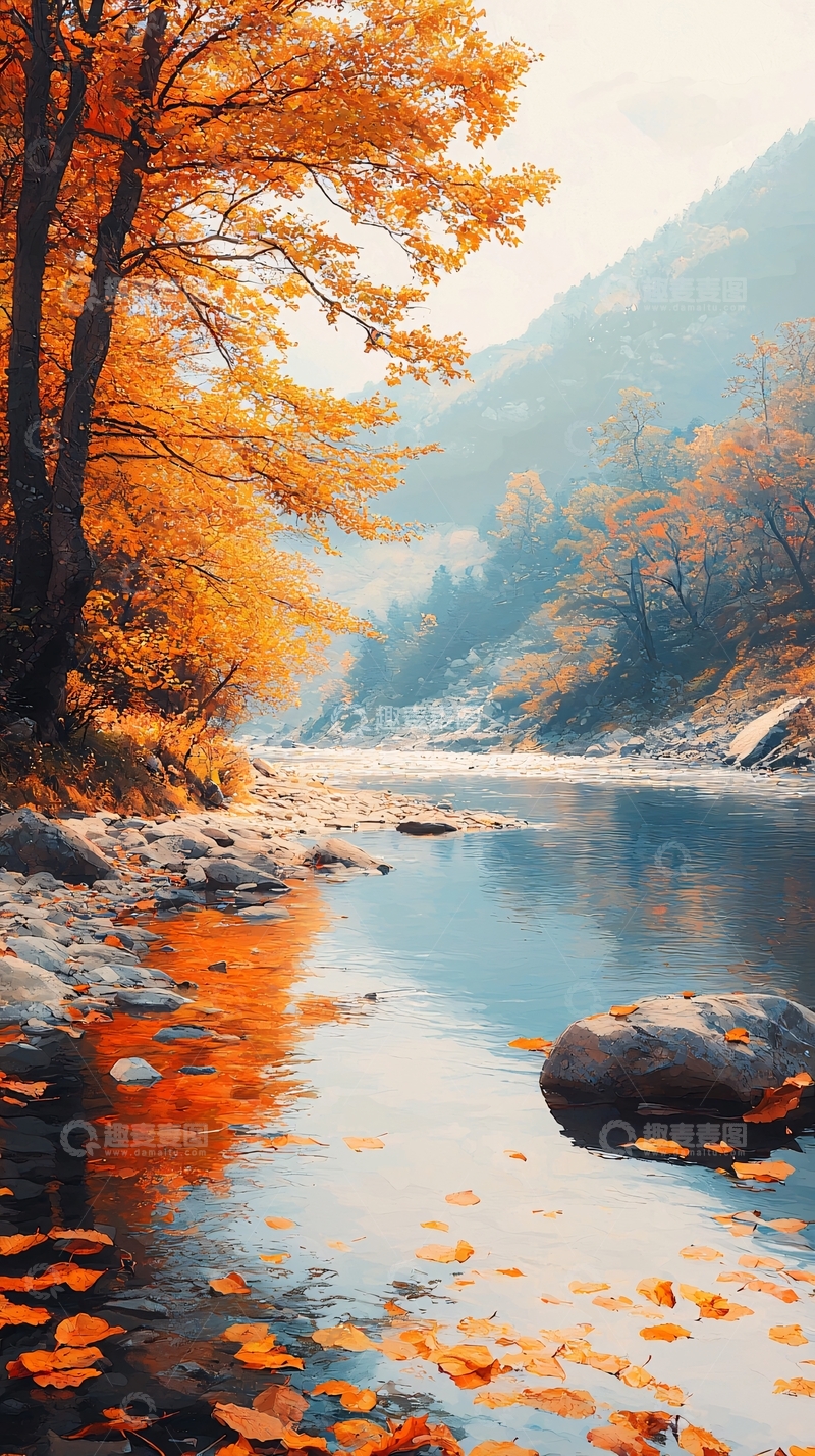 高清大图下载【趣麦麦图】秋日河流与金色树叶