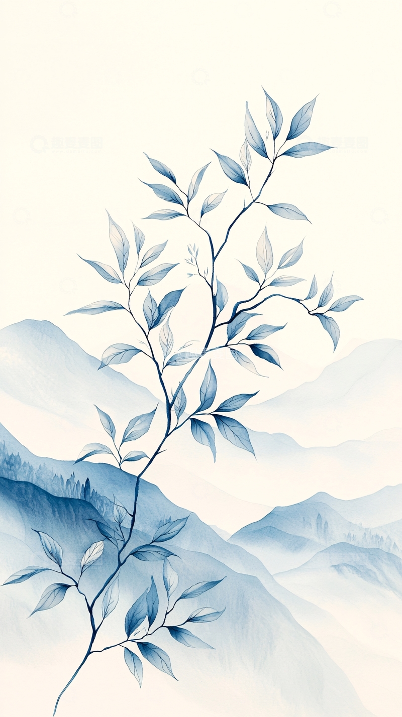 高清大图下载【趣麦麦图】青色山水画树枝背景图