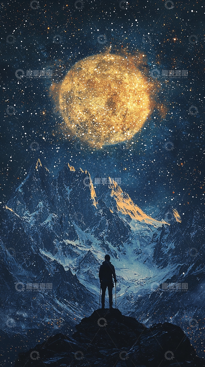 高清大图下载【趣麦麦图】夜空下的雪山徒步者