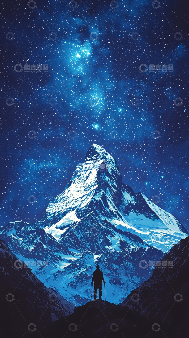 高清大图下载【趣麦麦图】夜空下的雪山徒步者