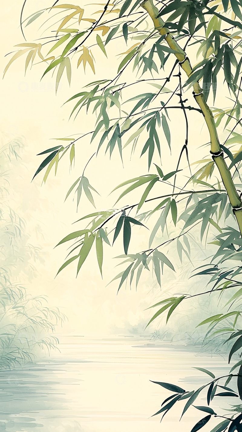 高清大图下载【趣麦麦图】竹林小溪风景画