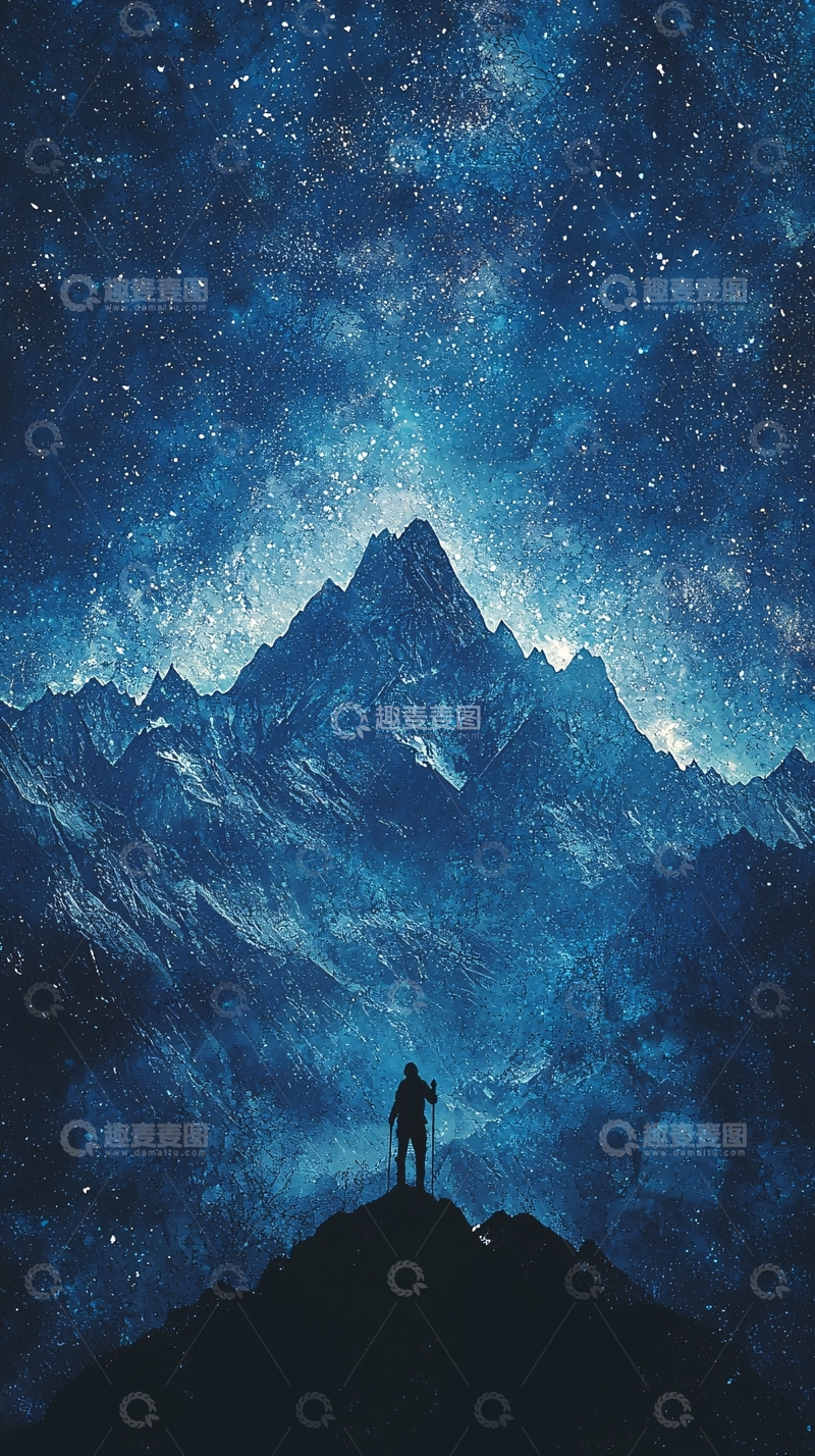 高清大图下载【趣麦麦图】夜空下的登山者剪影