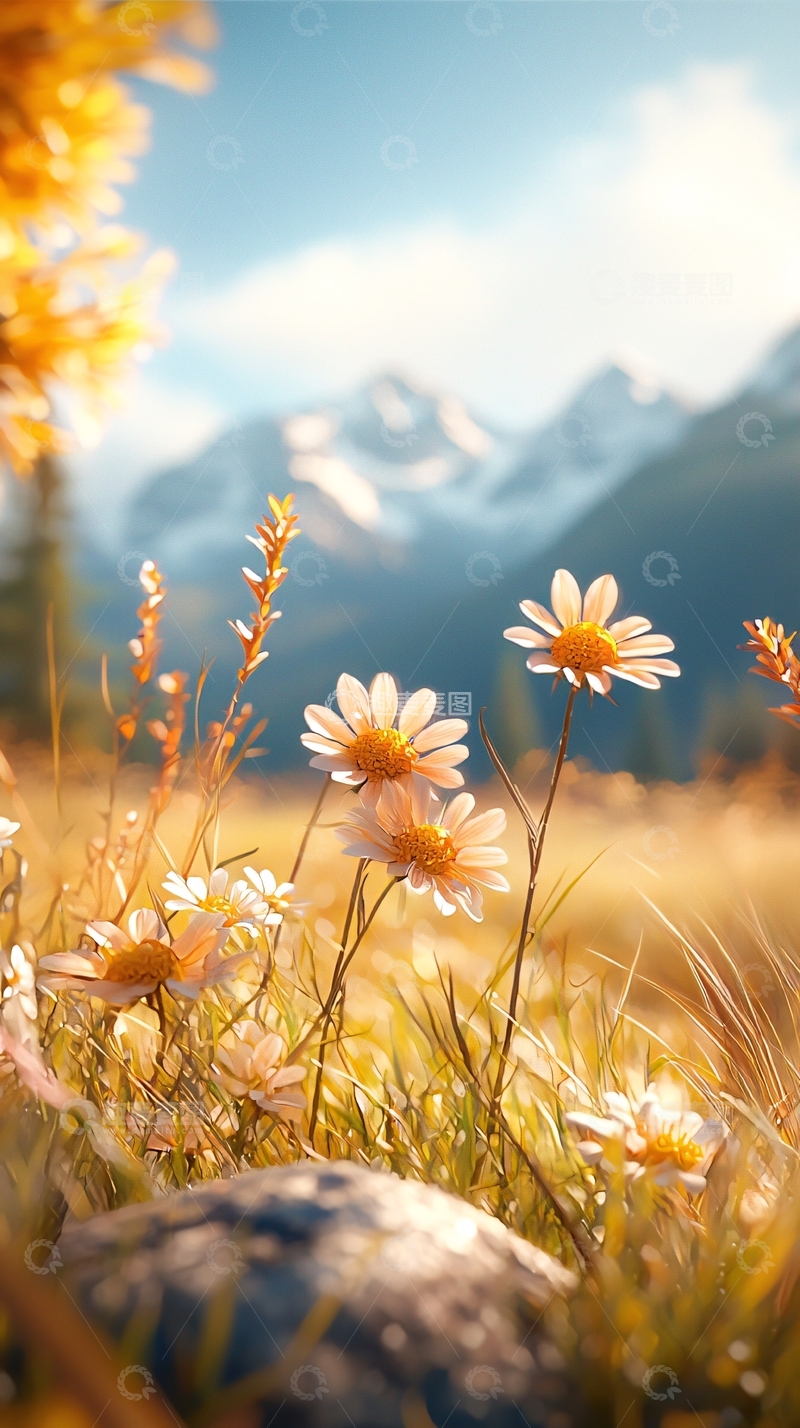 高清大图下载【趣麦麦图】山间野花与雪山美景