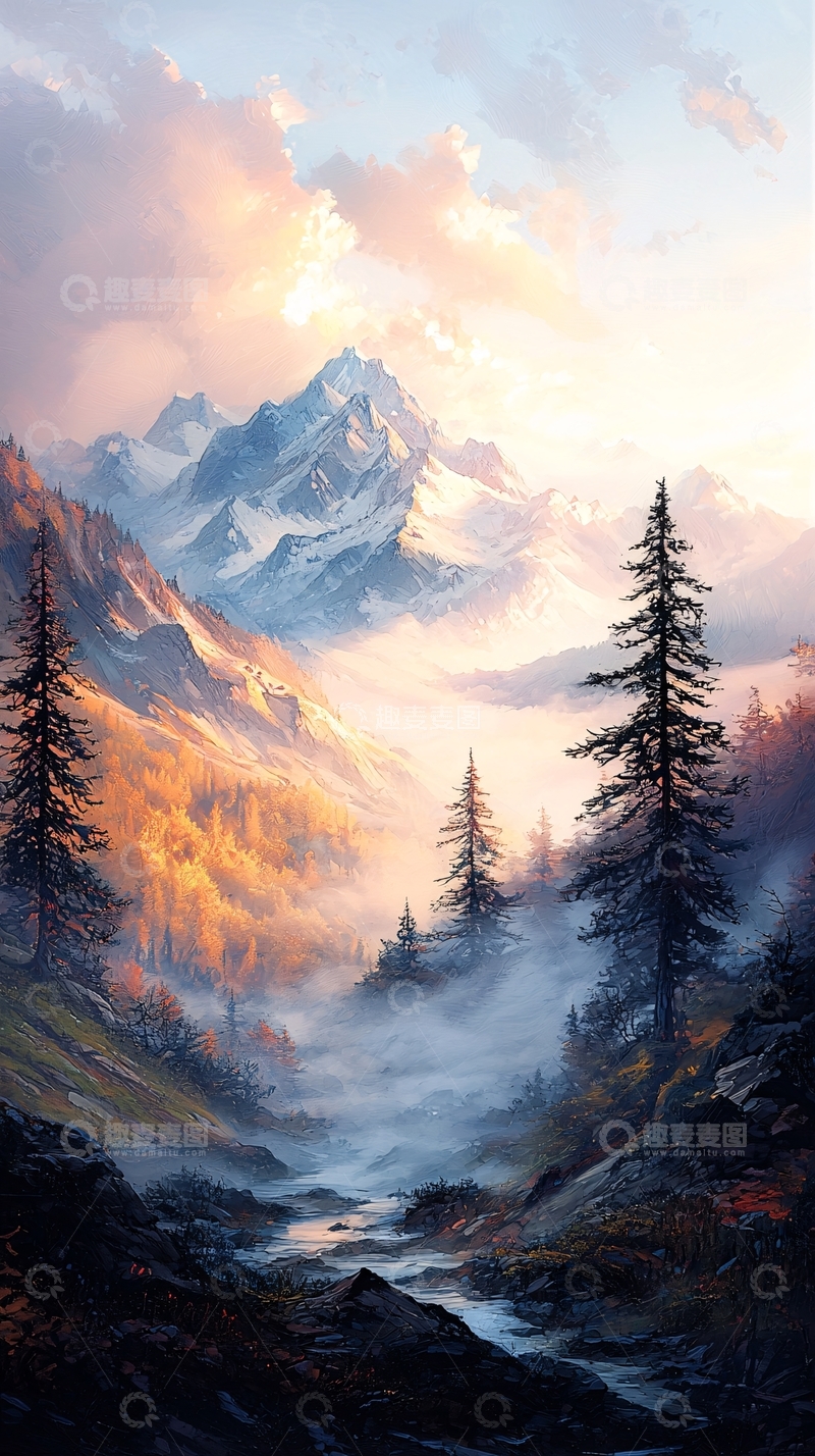 高清大图下载【趣麦麦图】秋日山间溪流雾气