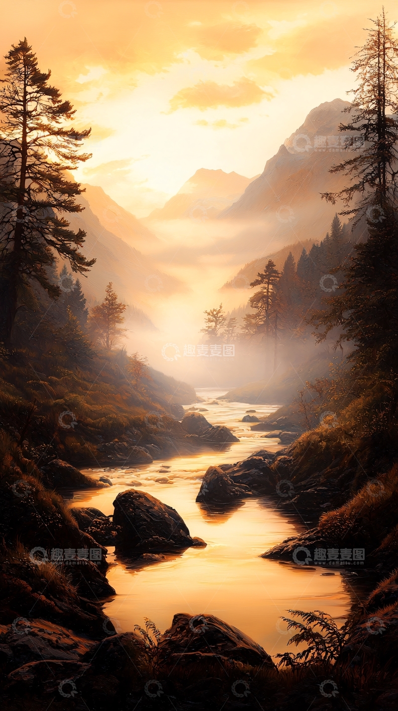 高清大图下载【趣麦麦图】晨雾山谷河流风景