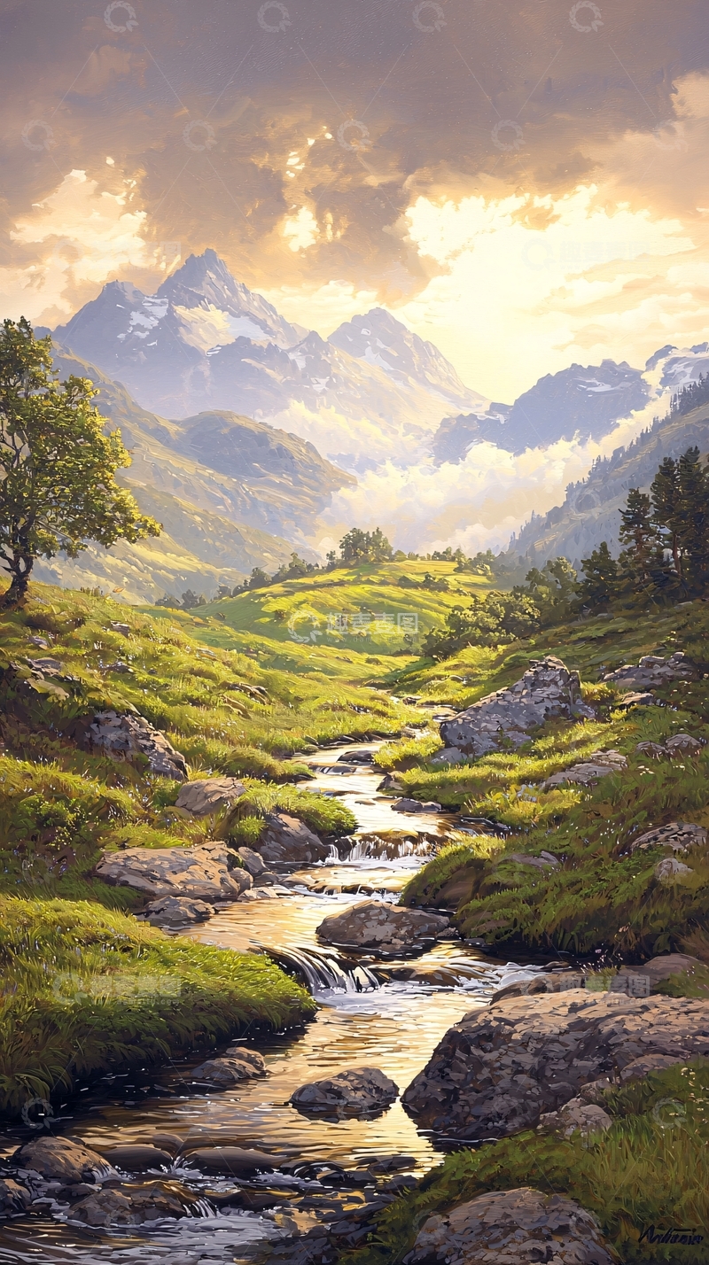 高清大图下载【趣麦麦图】山间小溪日落风景