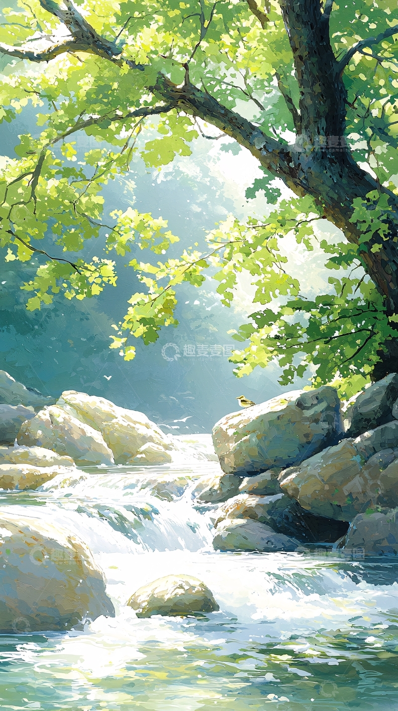 高清大图下载【趣麦麦图】夏日溪流与绿树