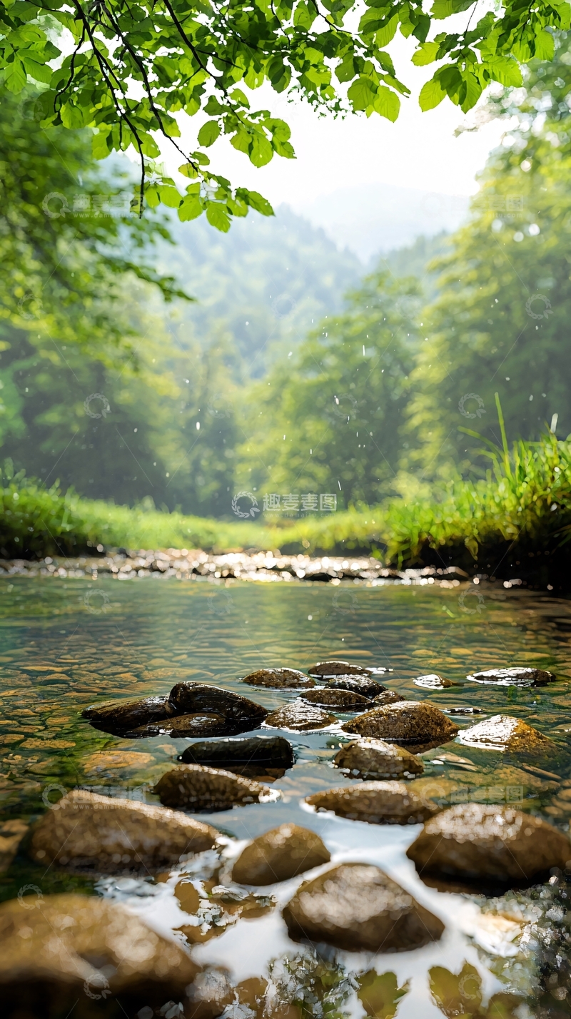 高清大图下载【趣麦麦图】清澈小溪与绿树自然风光