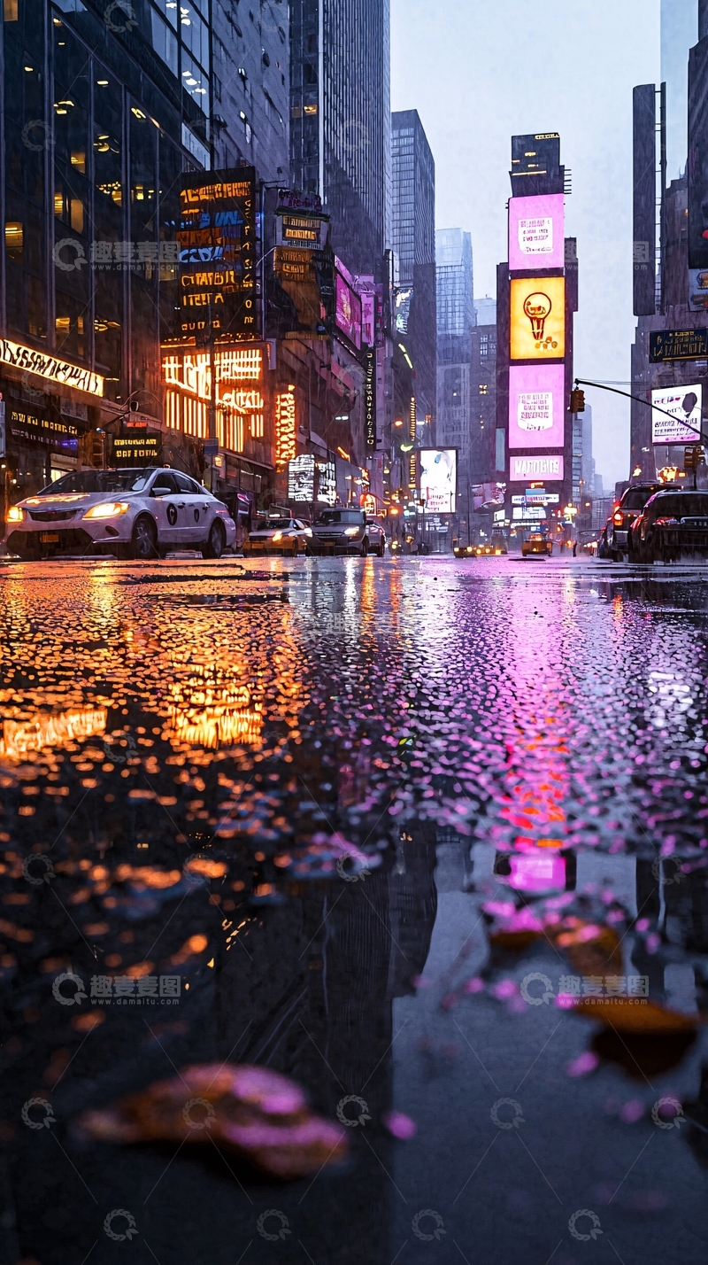高清大图下载【趣麦麦图】雨后霓虹灯下的城市街道