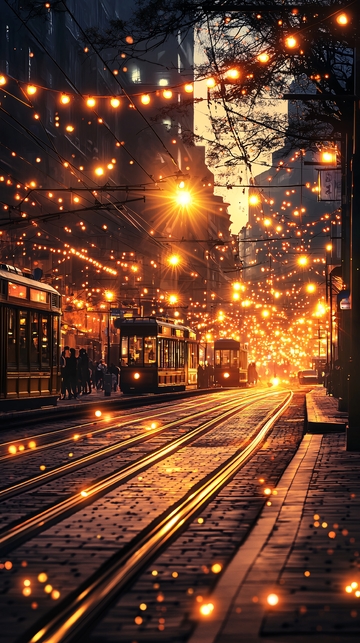 夜色中的电车与灯光