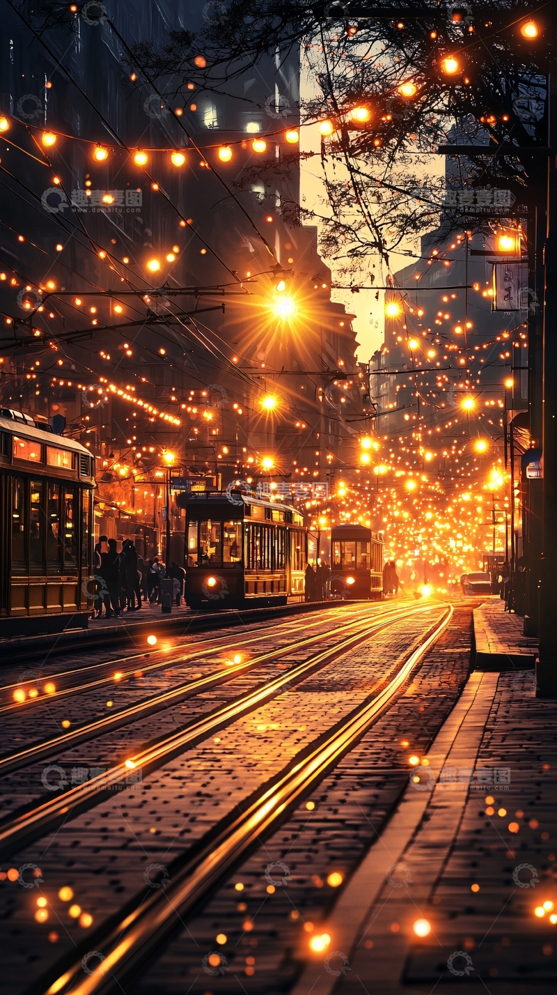 高清大图下载【趣麦麦图】夜色中的电车与灯光