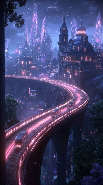 未来之城夜景火车桥