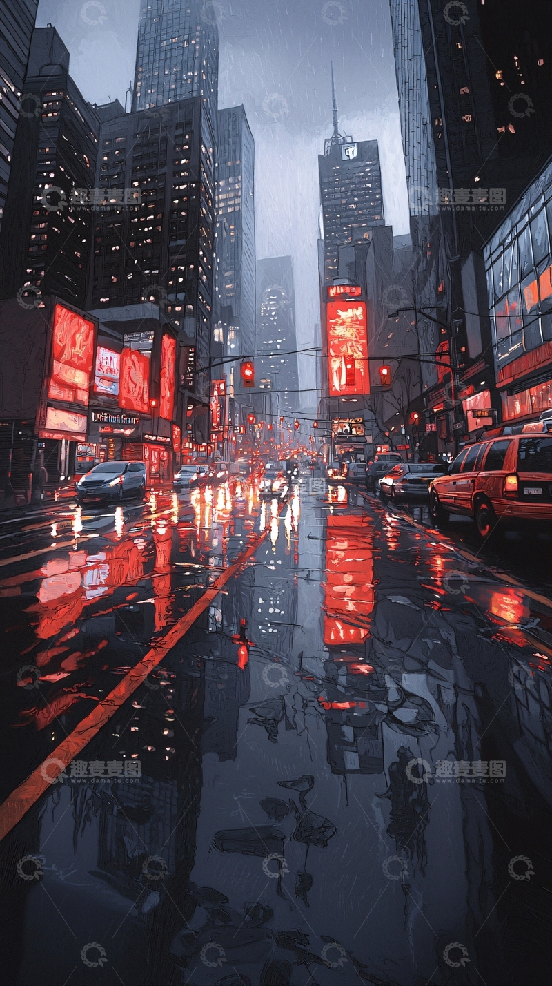 高清大图下载【趣麦麦图】雨夜霓虹城市街景