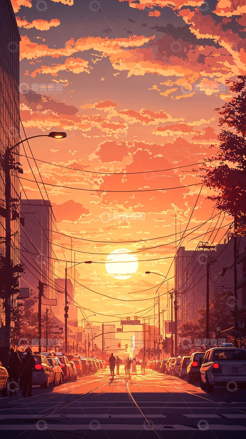 高清大图下载【趣麦麦图】夕阳下的城市街道