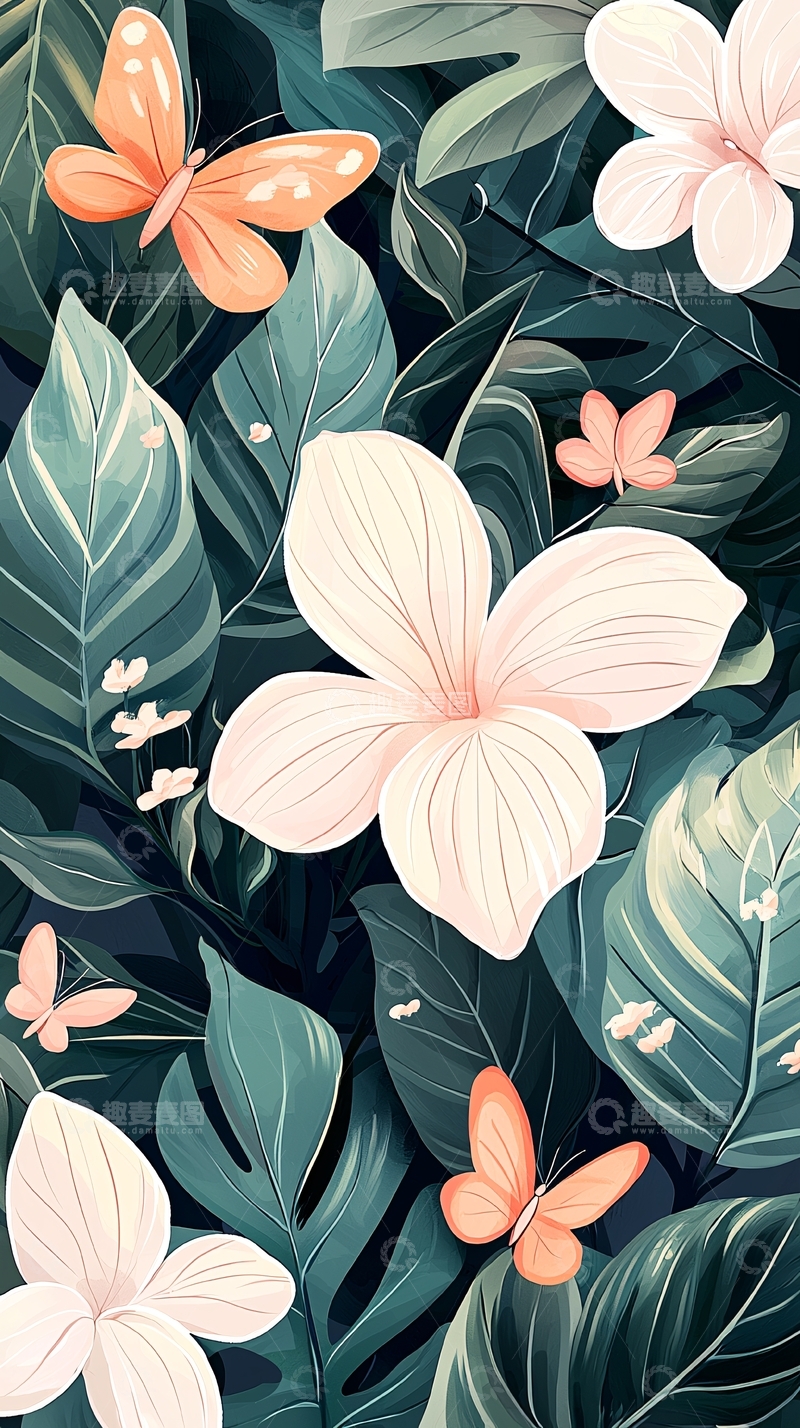 高清大图下载【趣麦麦图】热带花卉蝴蝶背景图