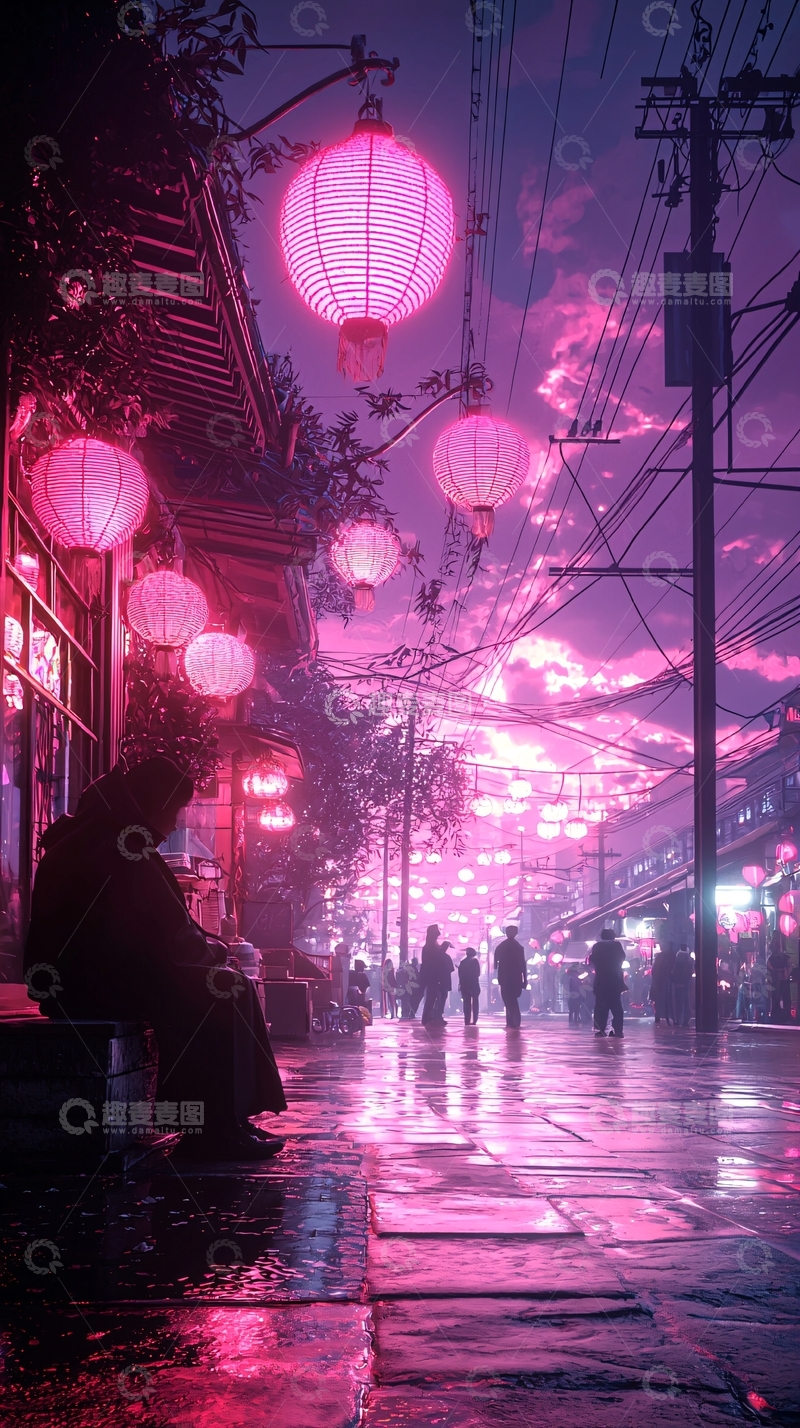 高清大图下载【趣麦麦图】霓虹灯笼下的雨巷夜景