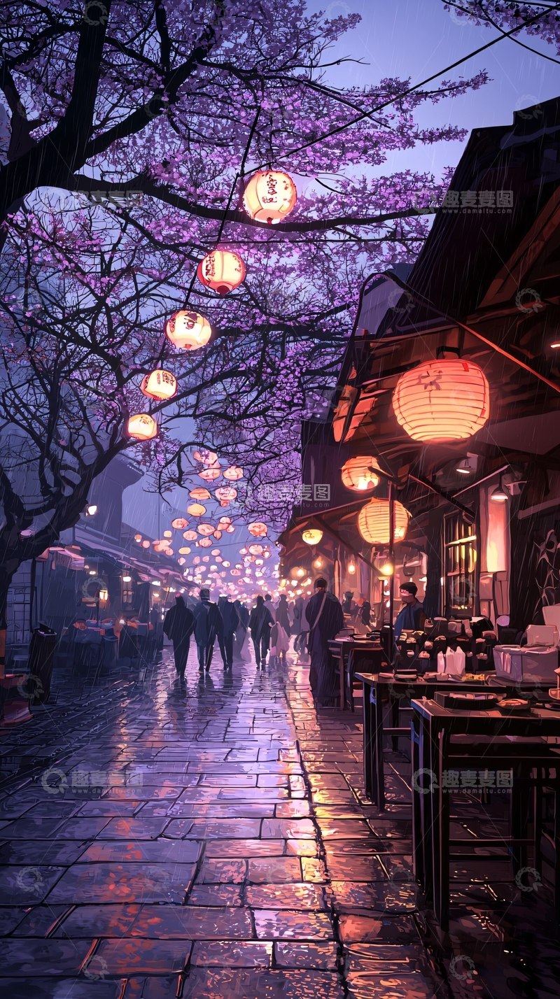 高清大图下载【趣麦麦图】樱花雨下的古街夜景