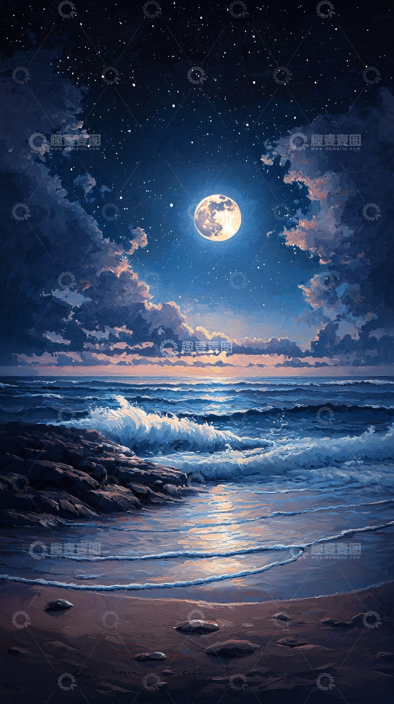 高清大图下载【趣麦麦图】月光下的海滩夜景