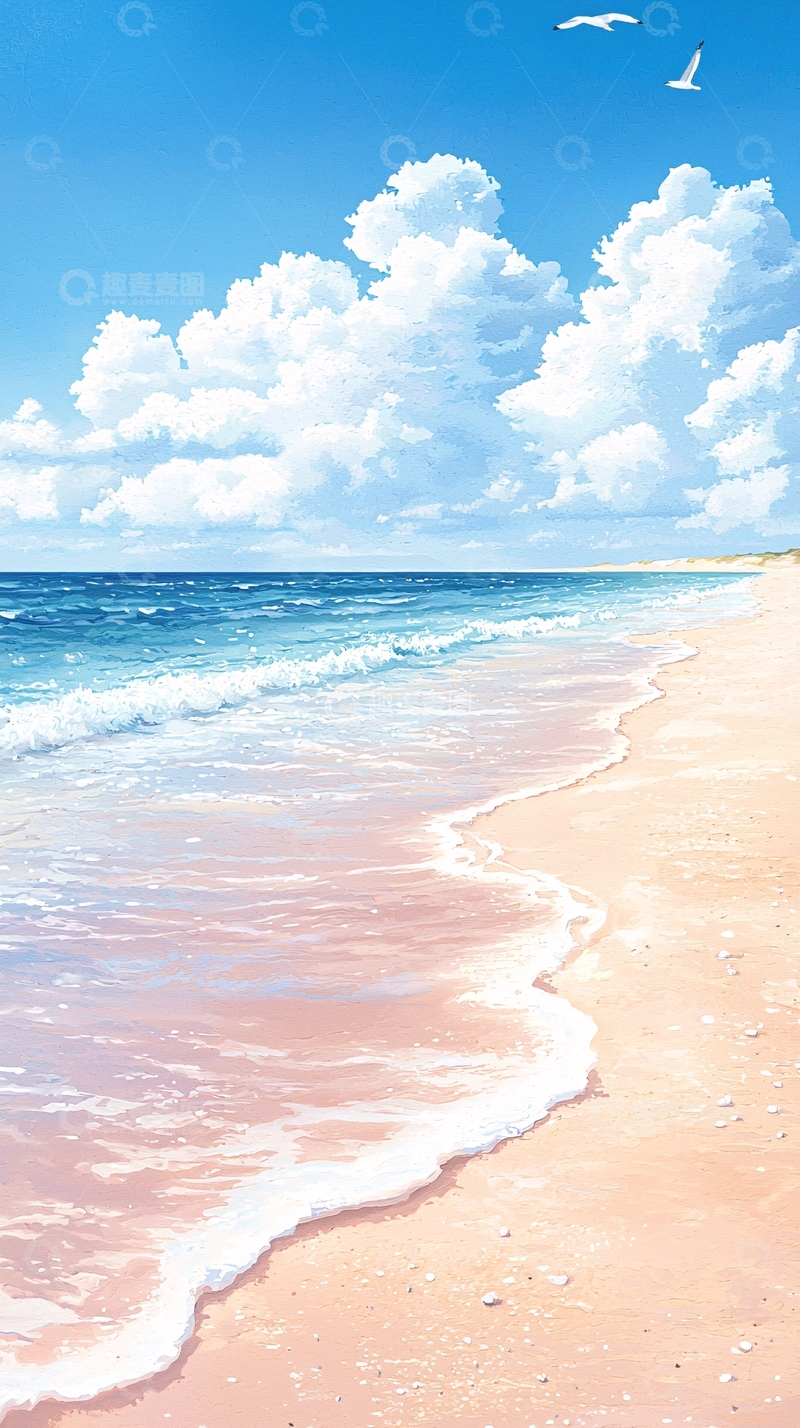 高清大图下载【趣麦麦图】夏日海滩风景插画