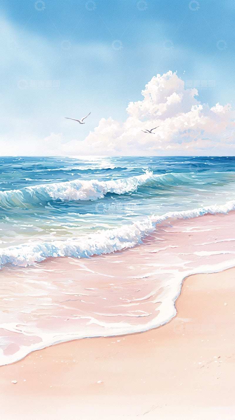 高清大图下载【趣麦麦图】海滩海浪沙滩风景画