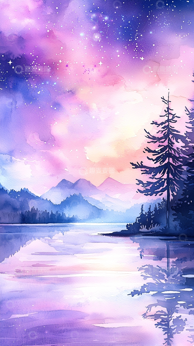 高清大图下载【趣麦麦图】梦幻星空下的湖畔风景