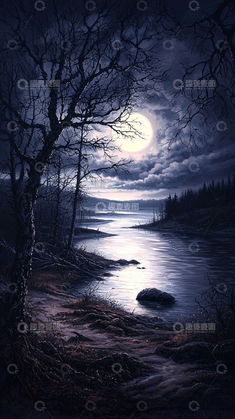 高清大图下载【趣麦麦图】月光下的河流夜景