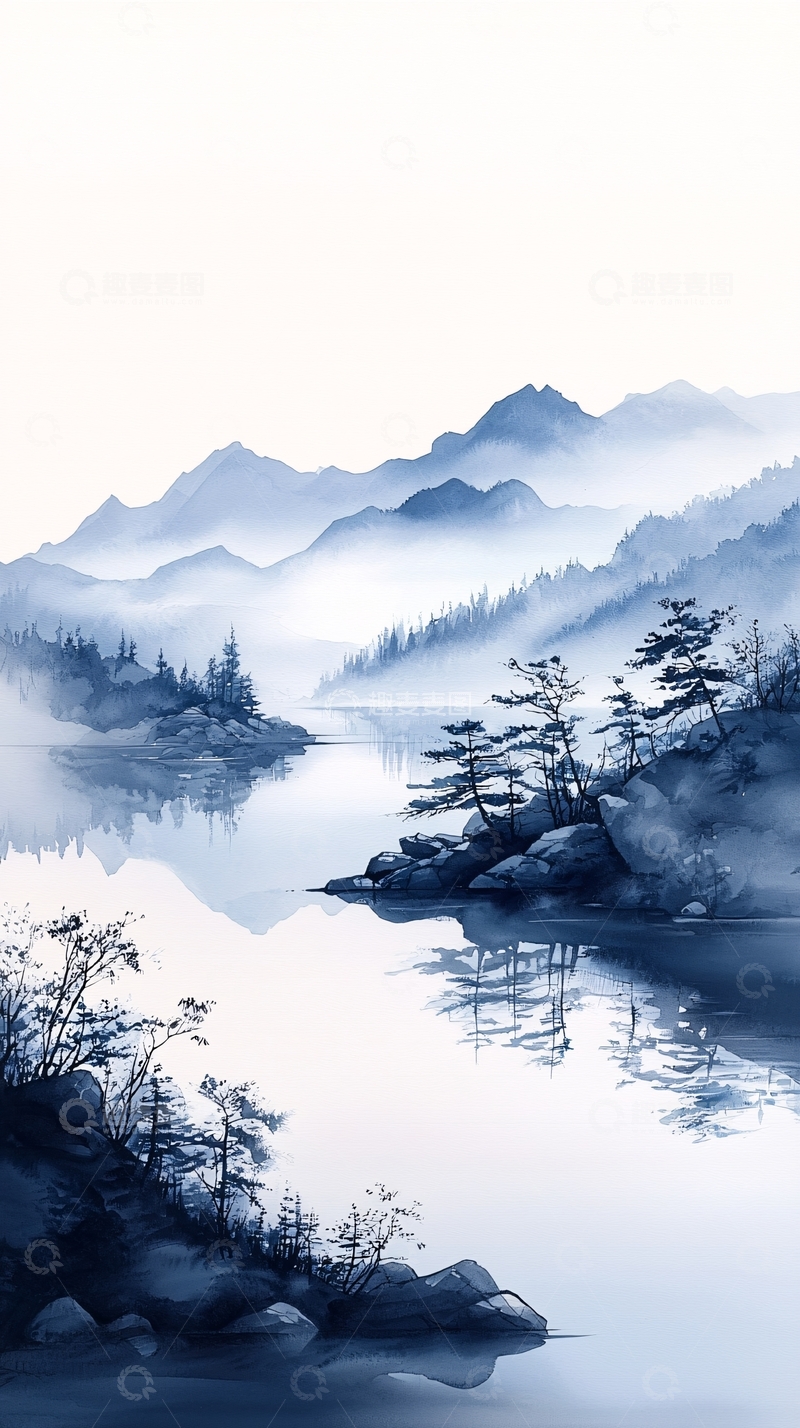 高清大图下载【趣麦麦图】雾中湖畔山景