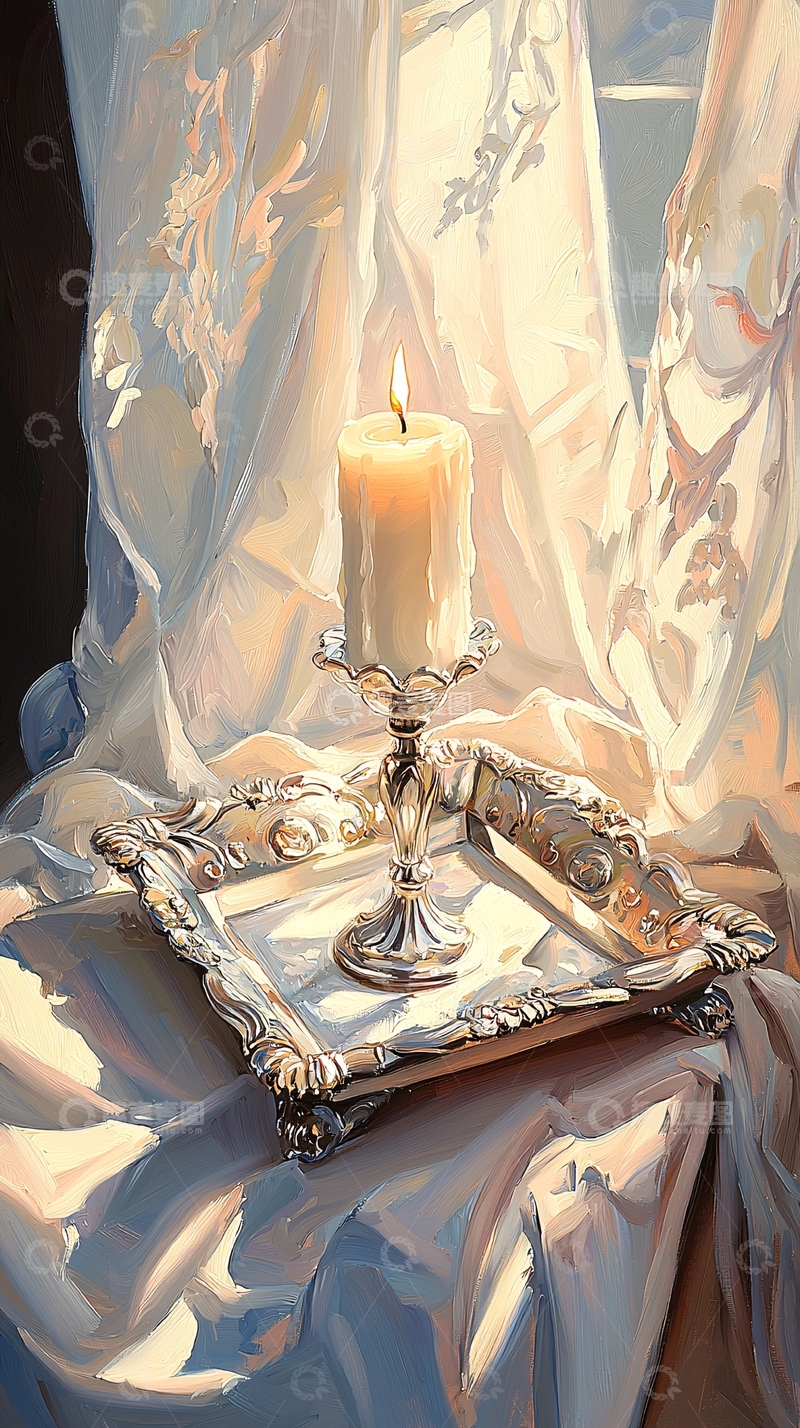 高清大图下载【趣麦麦图】烛光下的银盘静物画