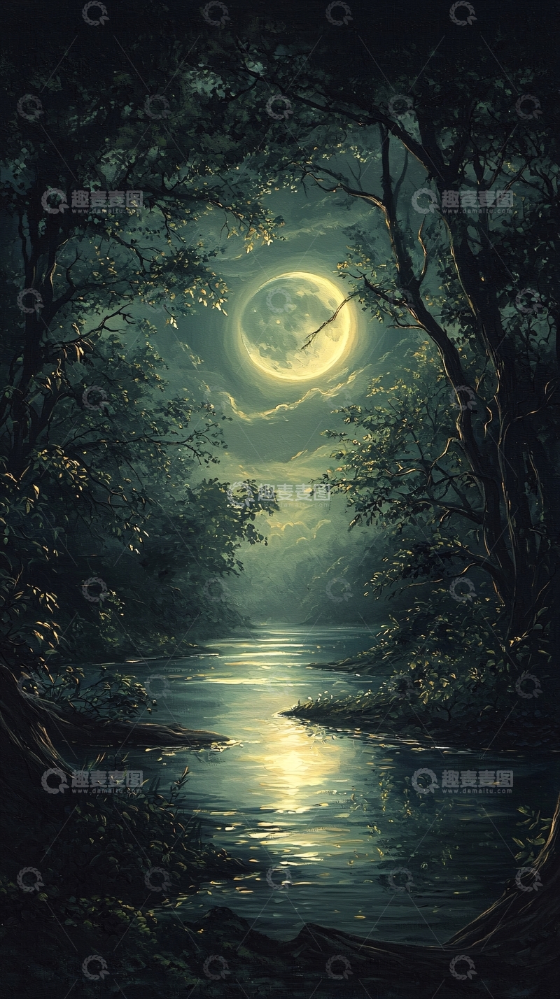 高清大图下载【趣麦麦图】月光下的森林小溪