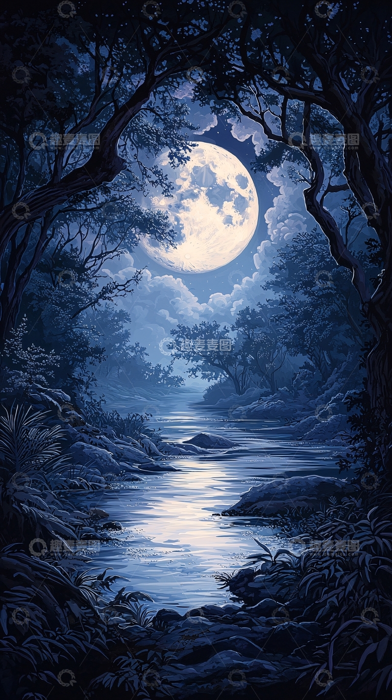 高清大图下载【趣麦麦图】月光下的森林小溪