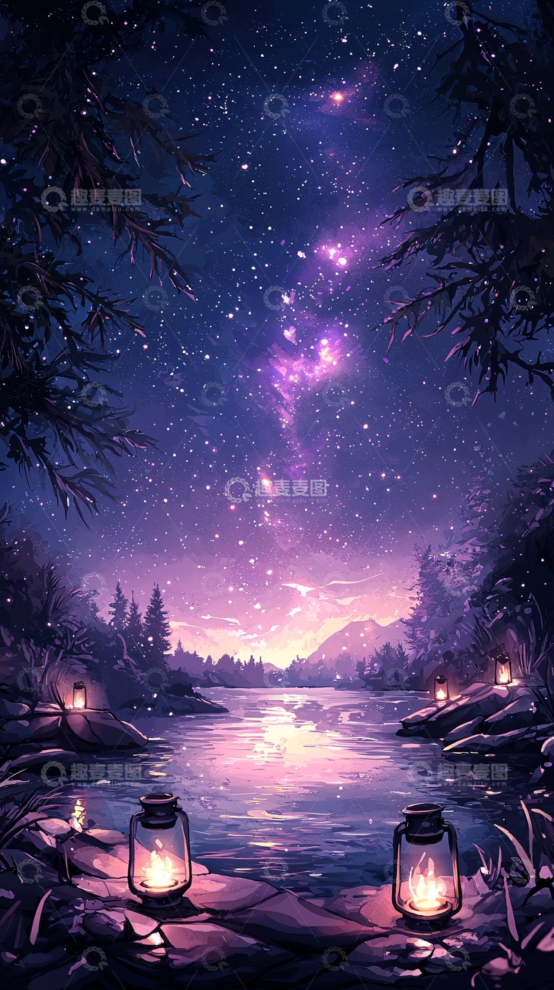 高清大图下载【趣麦麦图】夜晚森林河流星空灯笼