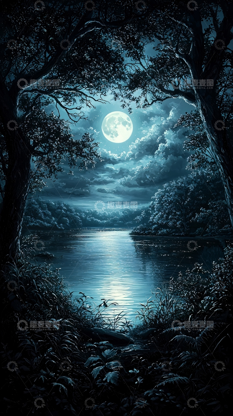 高清大图下载【趣麦麦图】月光下的森林小径