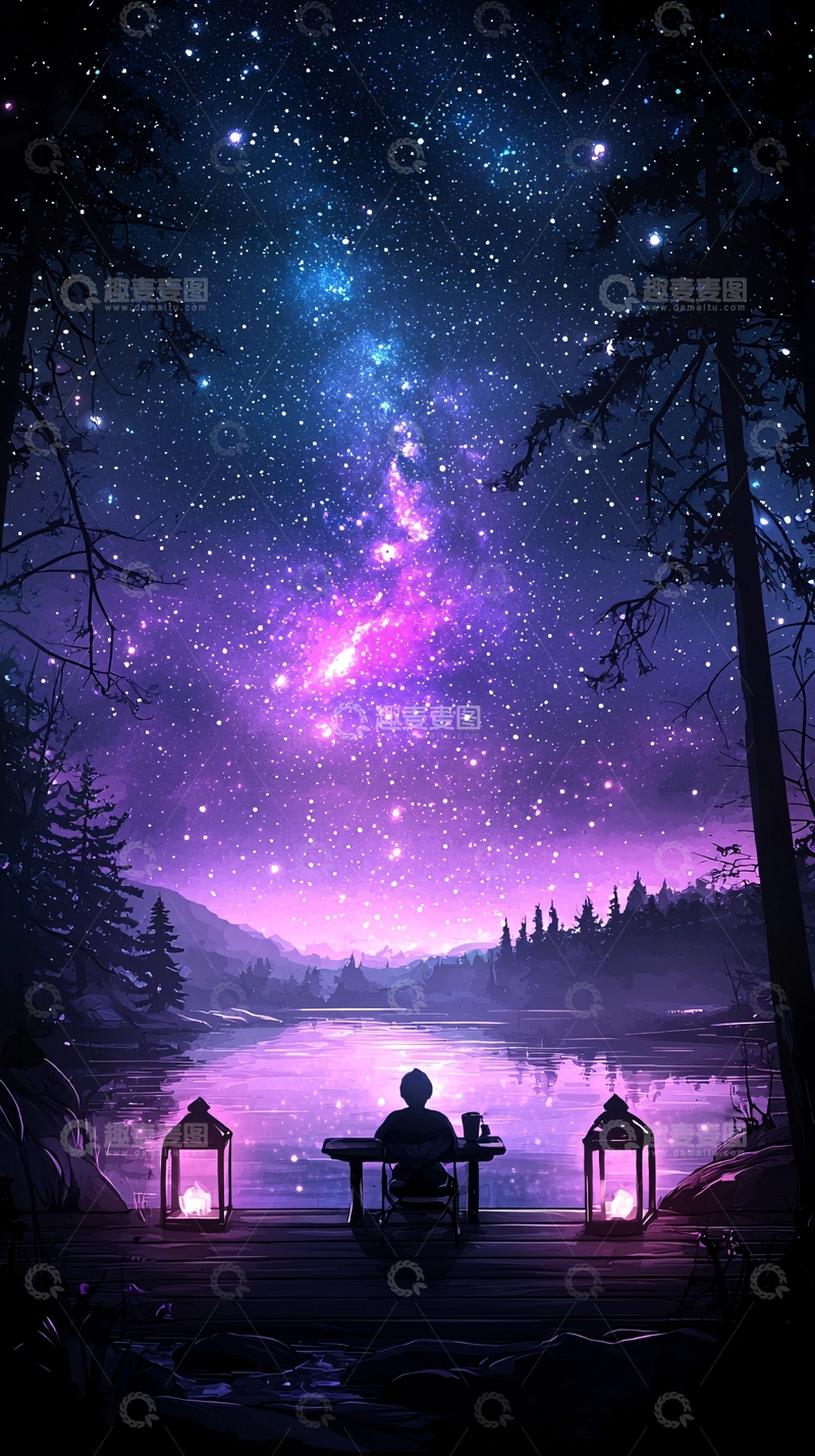 高清大图下载【趣麦麦图】夜空下的湖边篝火