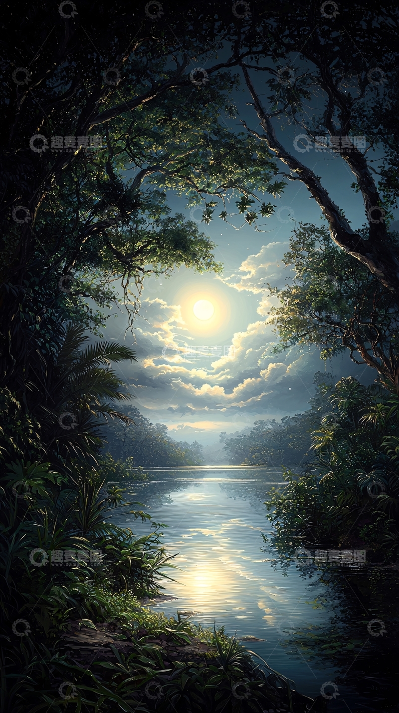 高清大图下载【趣麦麦图】月光下的丛林河流