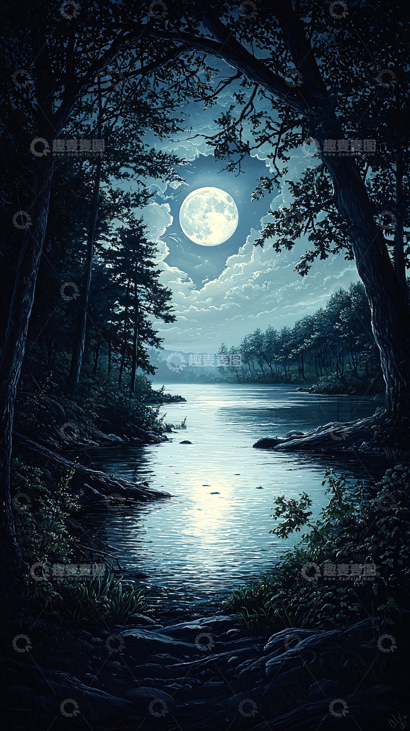 高清大图下载【趣麦麦图】月光下的宁静河流
