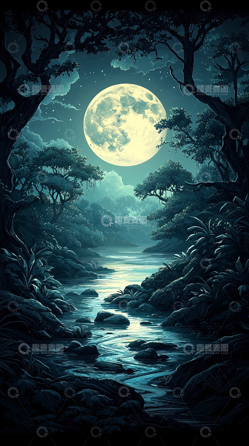 高清大图下载【趣麦麦图】月光下的森林小溪