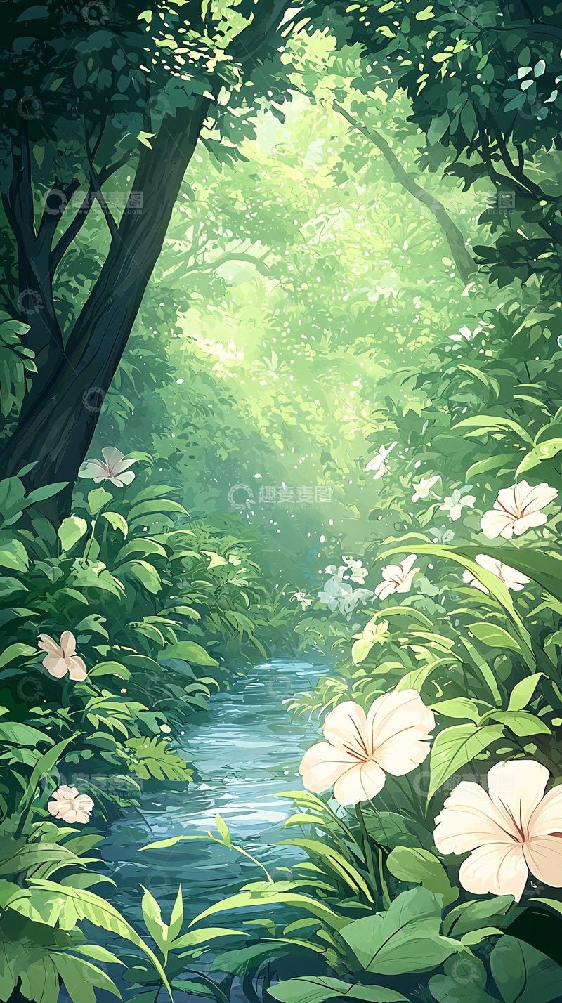 高清大图下载【趣麦麦图】森林小径上的阳光与花朵