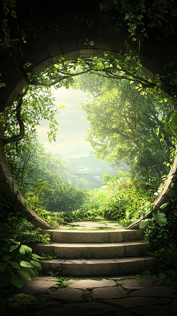 绿色植物环绕的石阶门