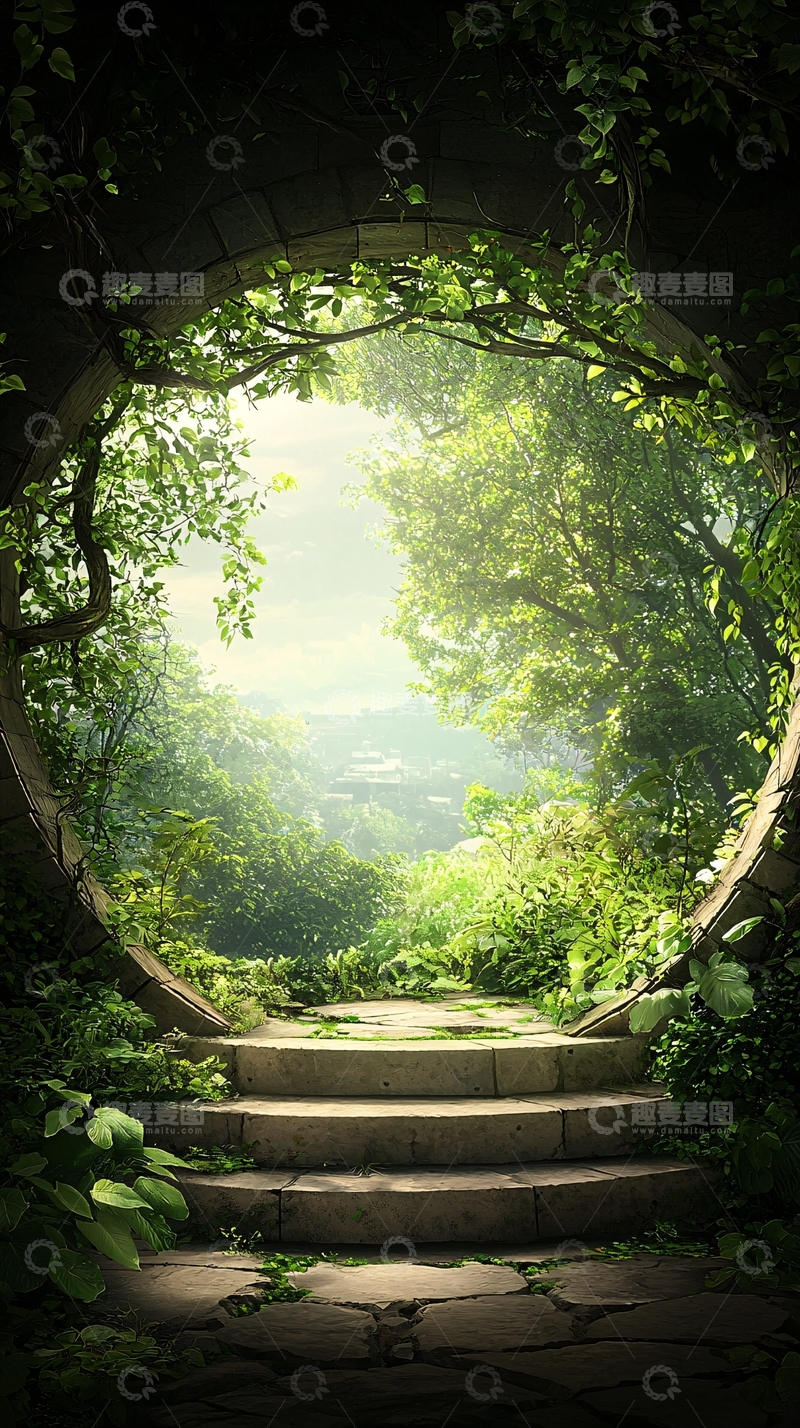 高清大图下载【趣麦麦图】绿色植物环绕的石阶门