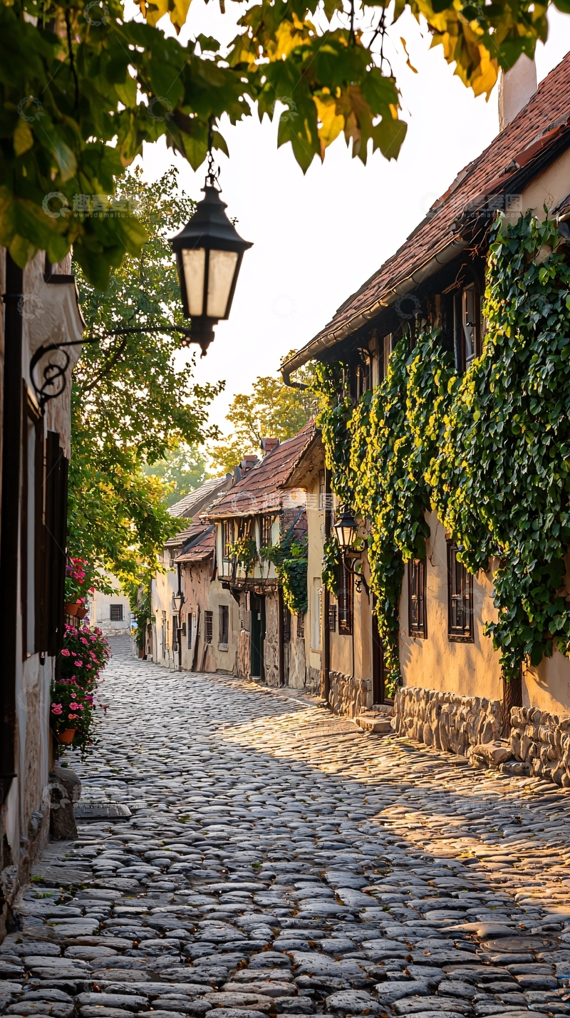 高清大图下载【趣麦麦图】夕阳下的石板小巷
