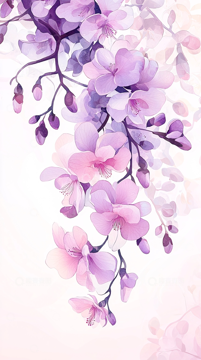 高清大图下载【趣麦麦图】紫色樱花手绘插画背景图