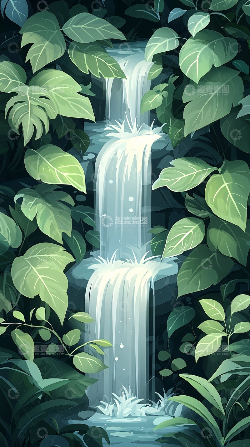 高清大图下载【趣麦麦图】森林中的瀑布与绿叶