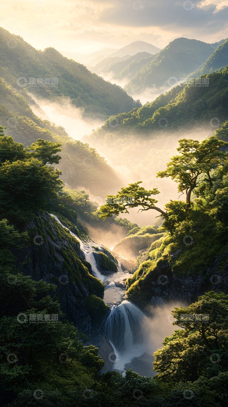 高清大图下载【趣麦麦图】山间瀑布晨雾