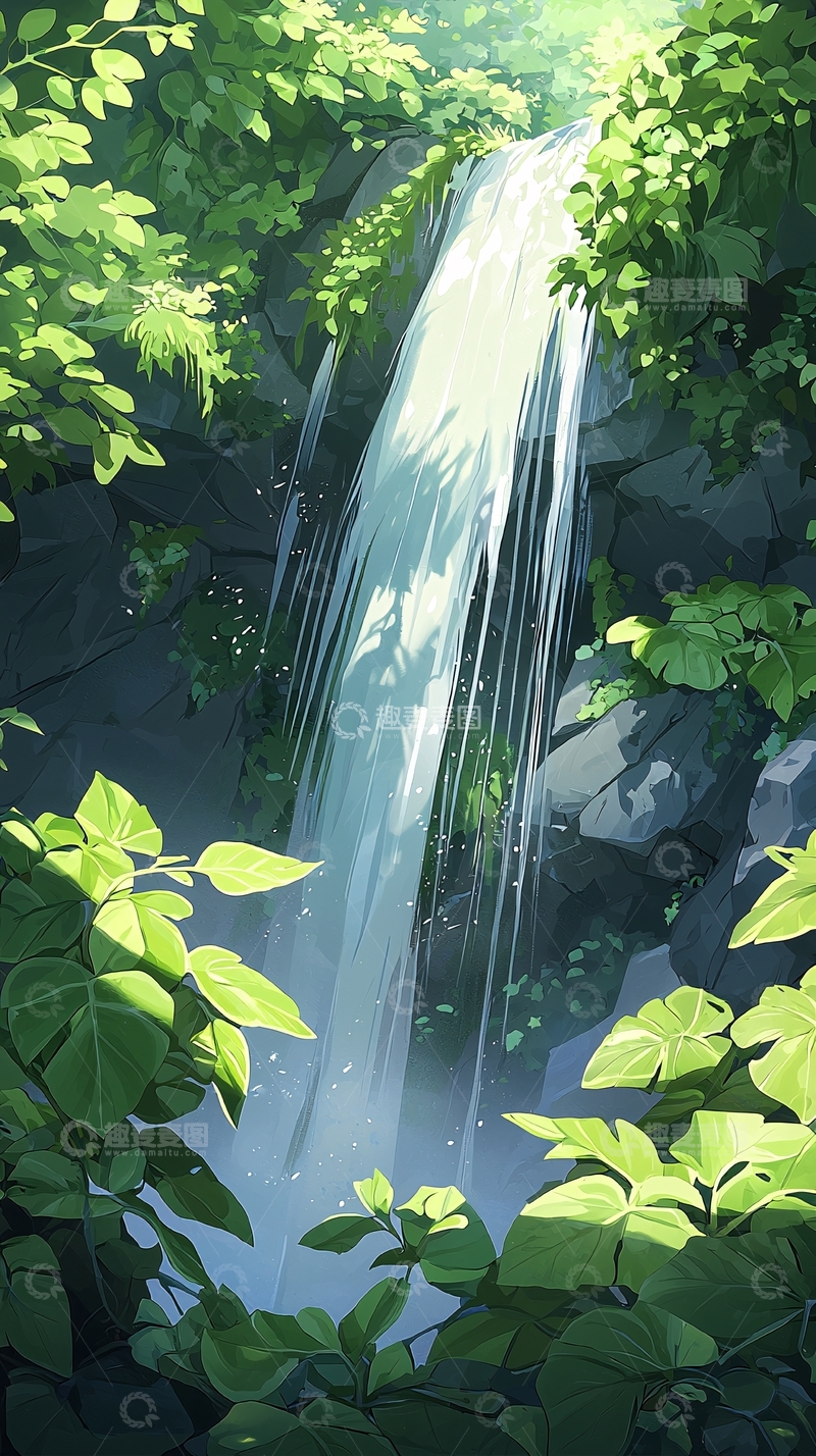 高清大图下载【趣麦麦图】森林中的瀑布