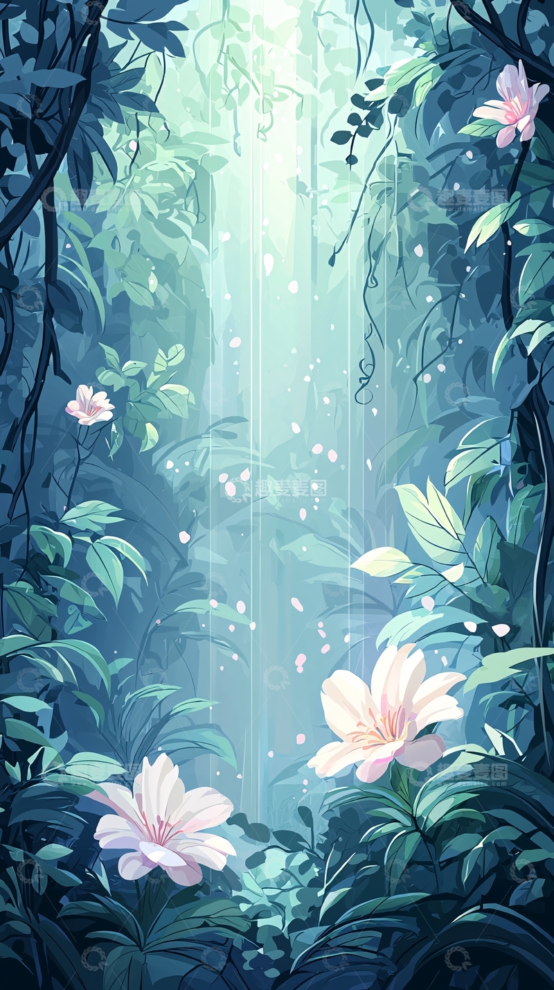 高清大图下载【趣麦麦图】梦幻森林中的光束与花朵