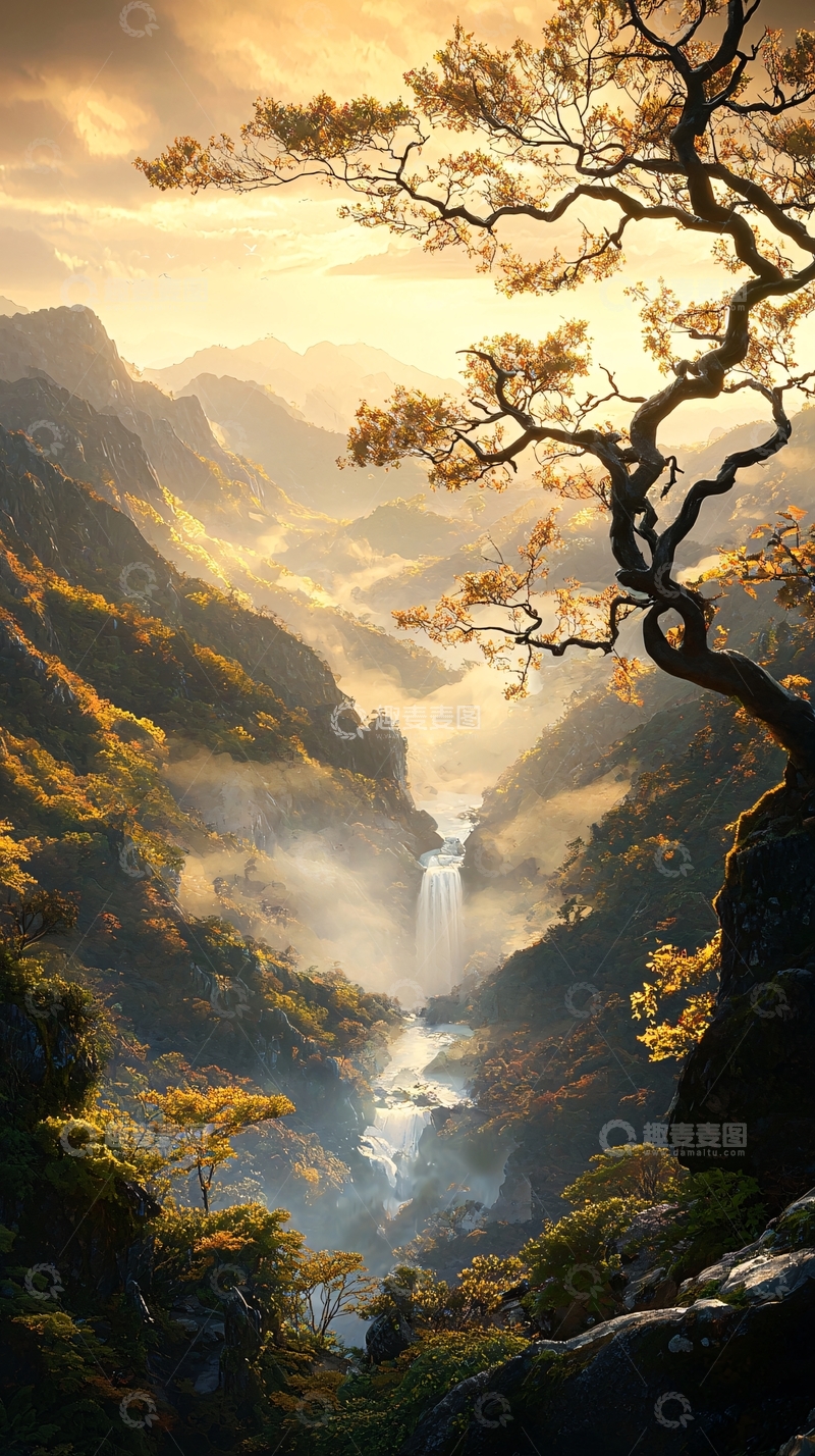 高清大图下载【趣麦麦图】秋日山谷瀑布美景