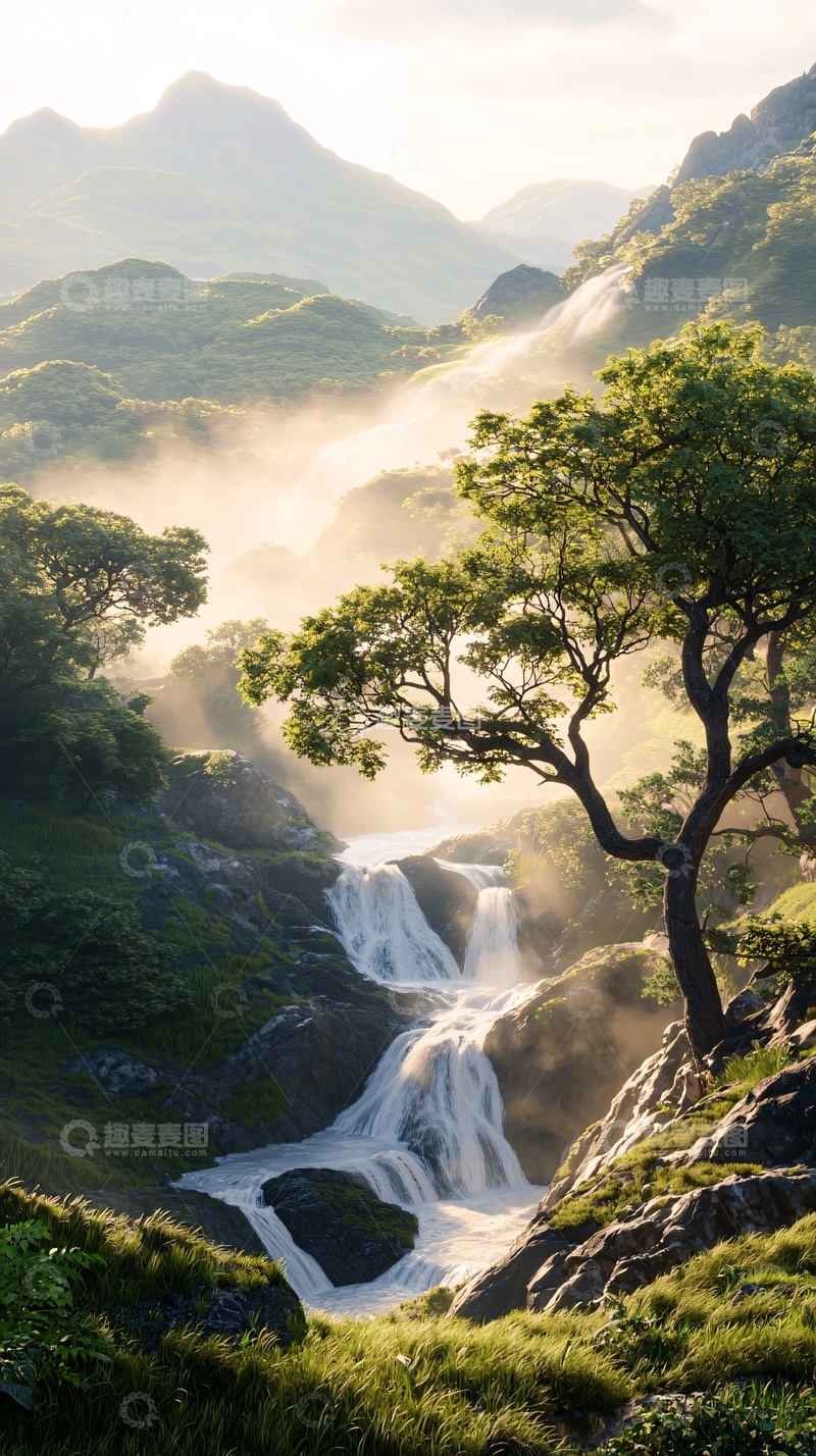 高清大图下载【趣麦麦图】山间瀑布晨雾自然风光
