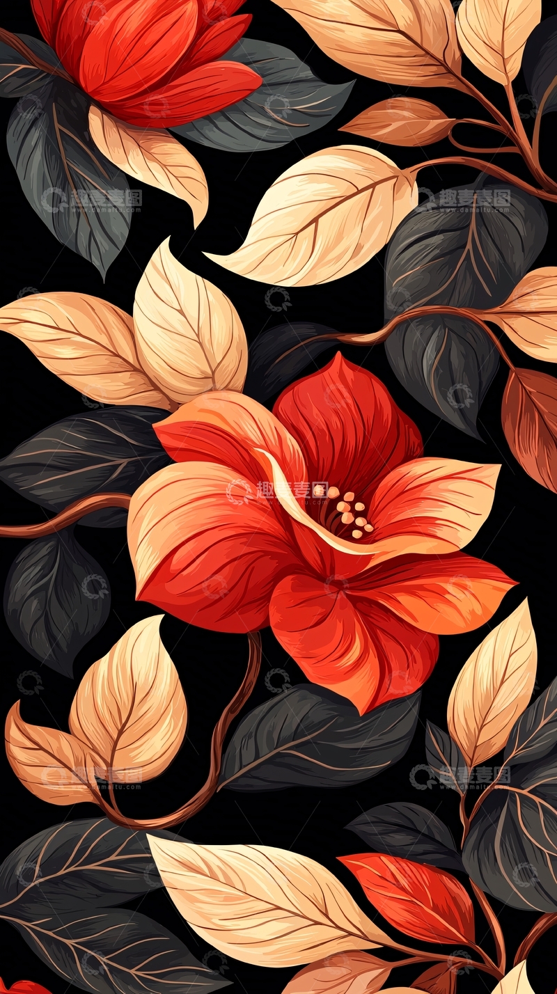 高清大图下载【趣麦麦图】红色花朵与叶子的图案背景