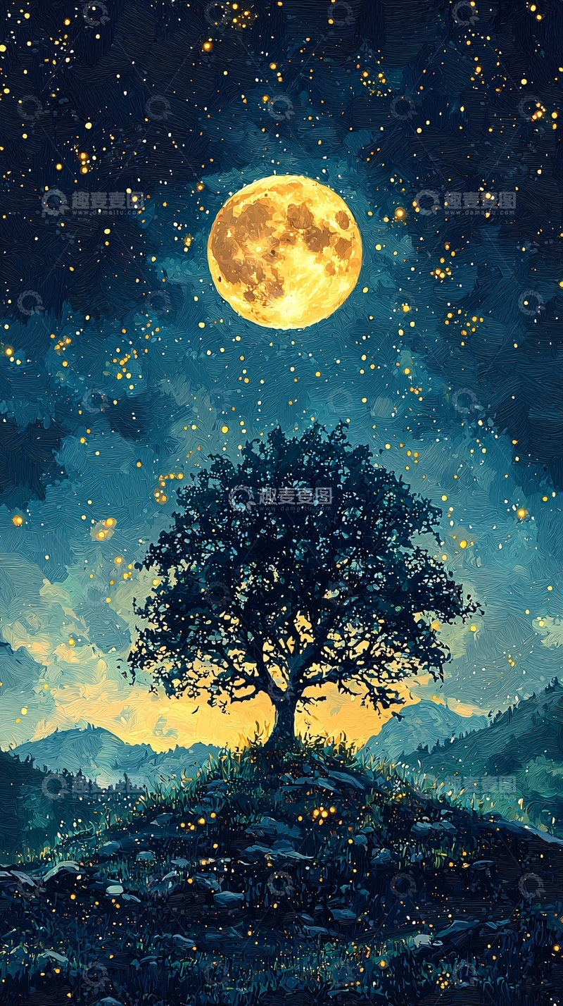 高清大图下载【趣麦麦图】夜空下的孤独树