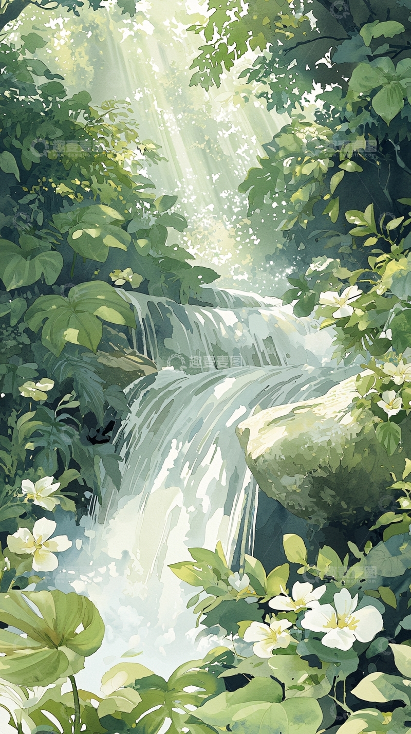 高清大图下载【趣麦麦图】森林中的瀑布与阳光